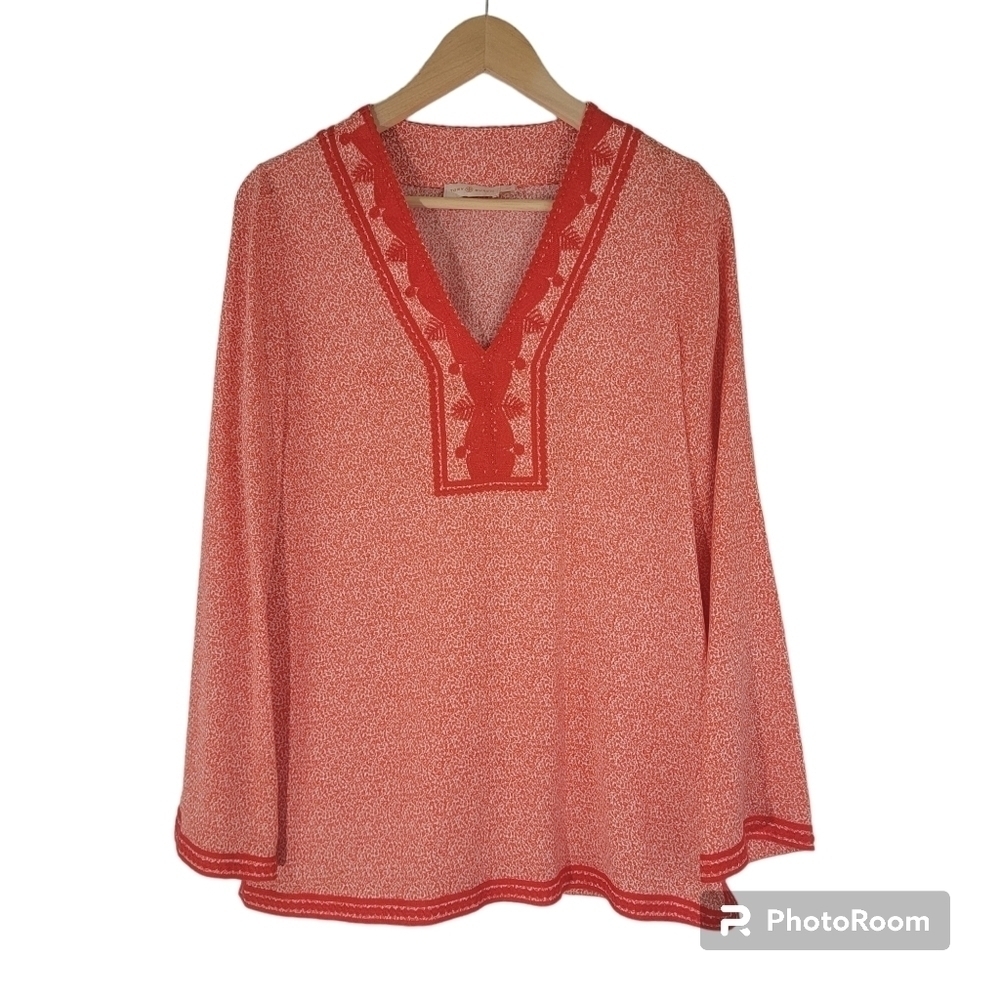 TORY BURCH Women Red Long Sleeve Top Sz S/P Embroidered Side Slit Valentine